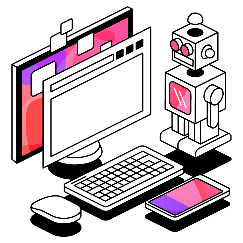 A robot beside a monitor, keyboard and smartphone